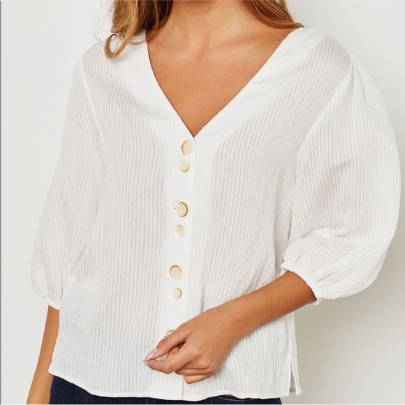 White Puff Sleeve Button-Up V-Neck Blouse - Picture 1 of 5